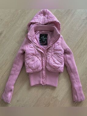 Y2K pink sweater Quilted Hooded Puffer winter fall Jacket fitted